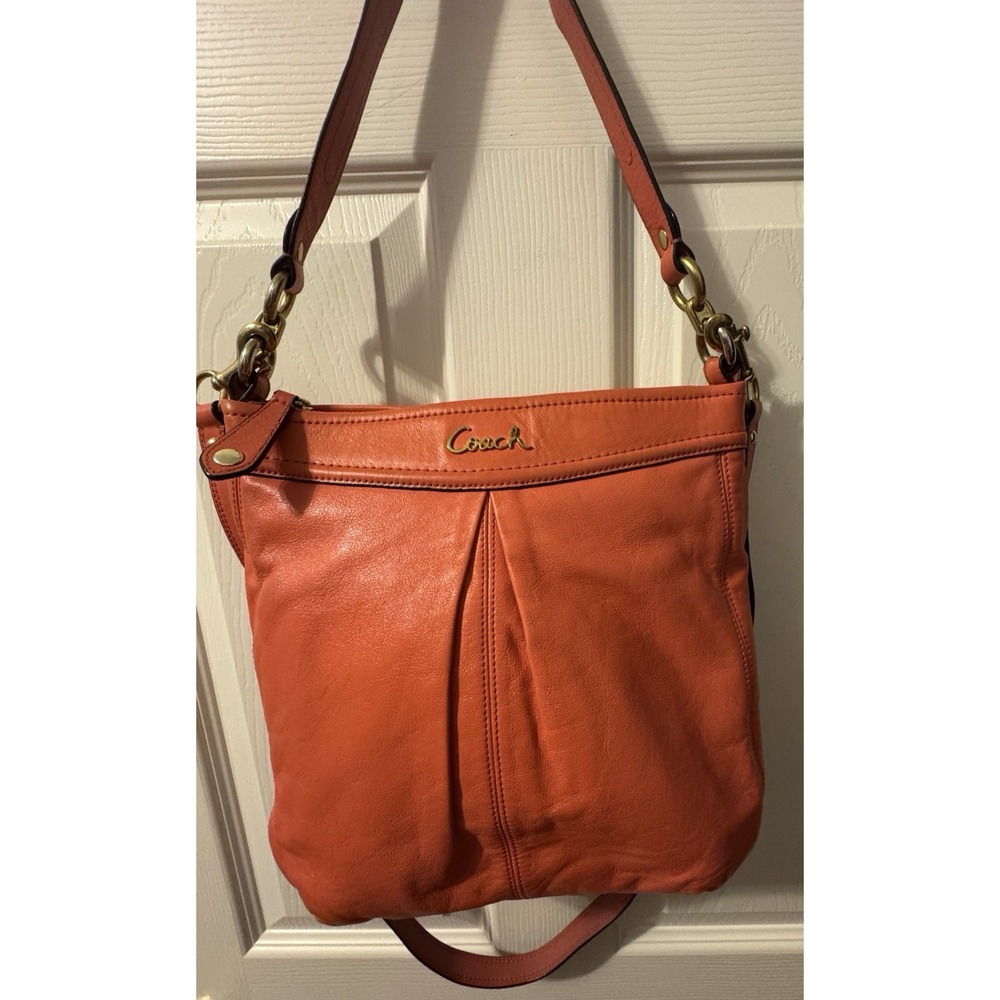 Coach Ashley F20114 Orange Leather Pleated Hippie Hobo Crossbody Purse